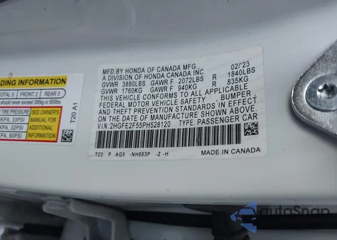 2023 Honda Civic Sport from USA, damaged, VIN 2HGFE2F55PH528120